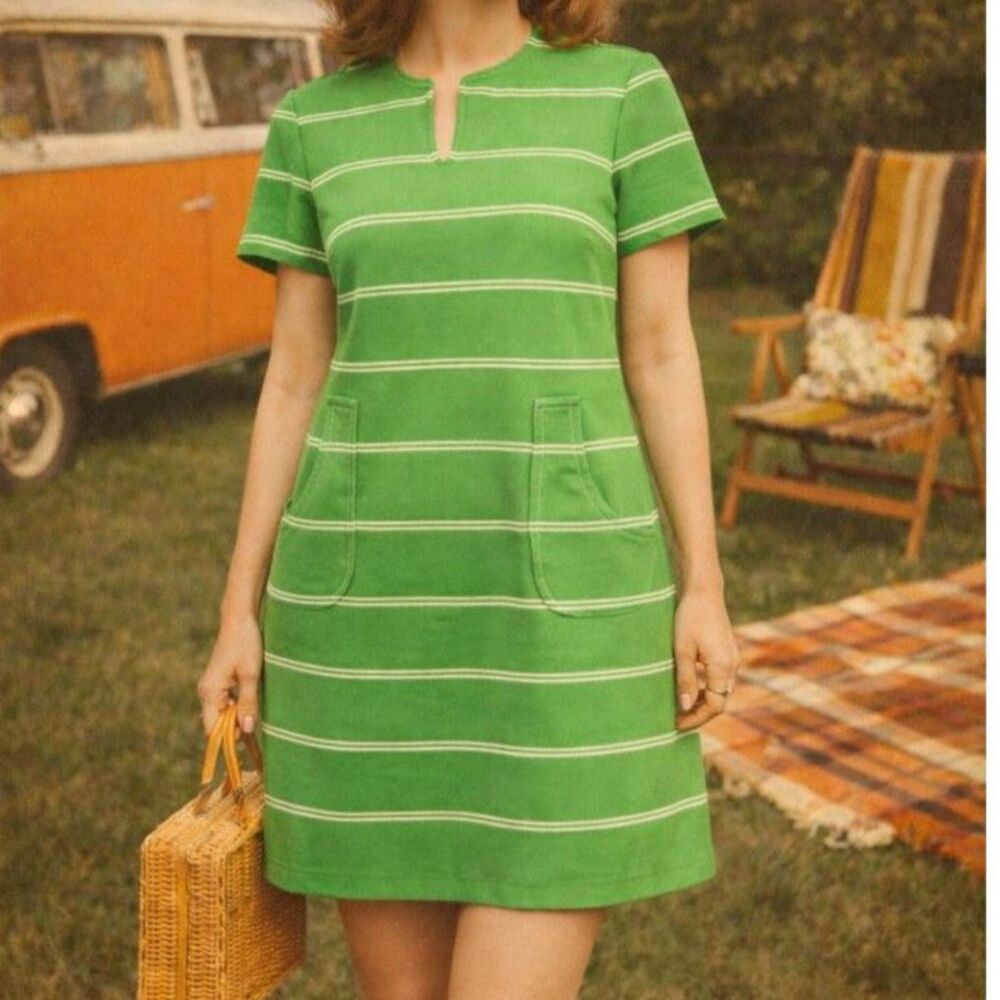 Vintage 70s lime green stripped mod short sleeve preppy knee length dress 10 NWT